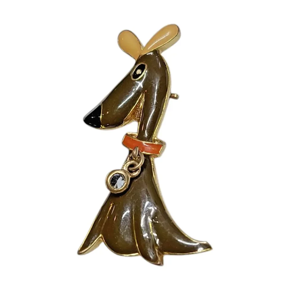 Vintage Dog Puppy Brooch Pin Brown Enamel Gold Tone Rhinestones Collar Charm